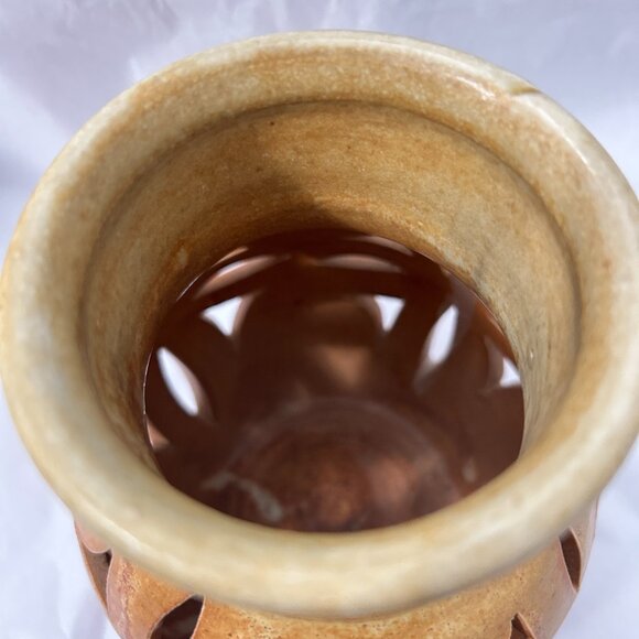 Walt Glass Art Pottery Signed Desert Brown Drip Cut Out Candle Holder Luminary - Picture 11 of 14